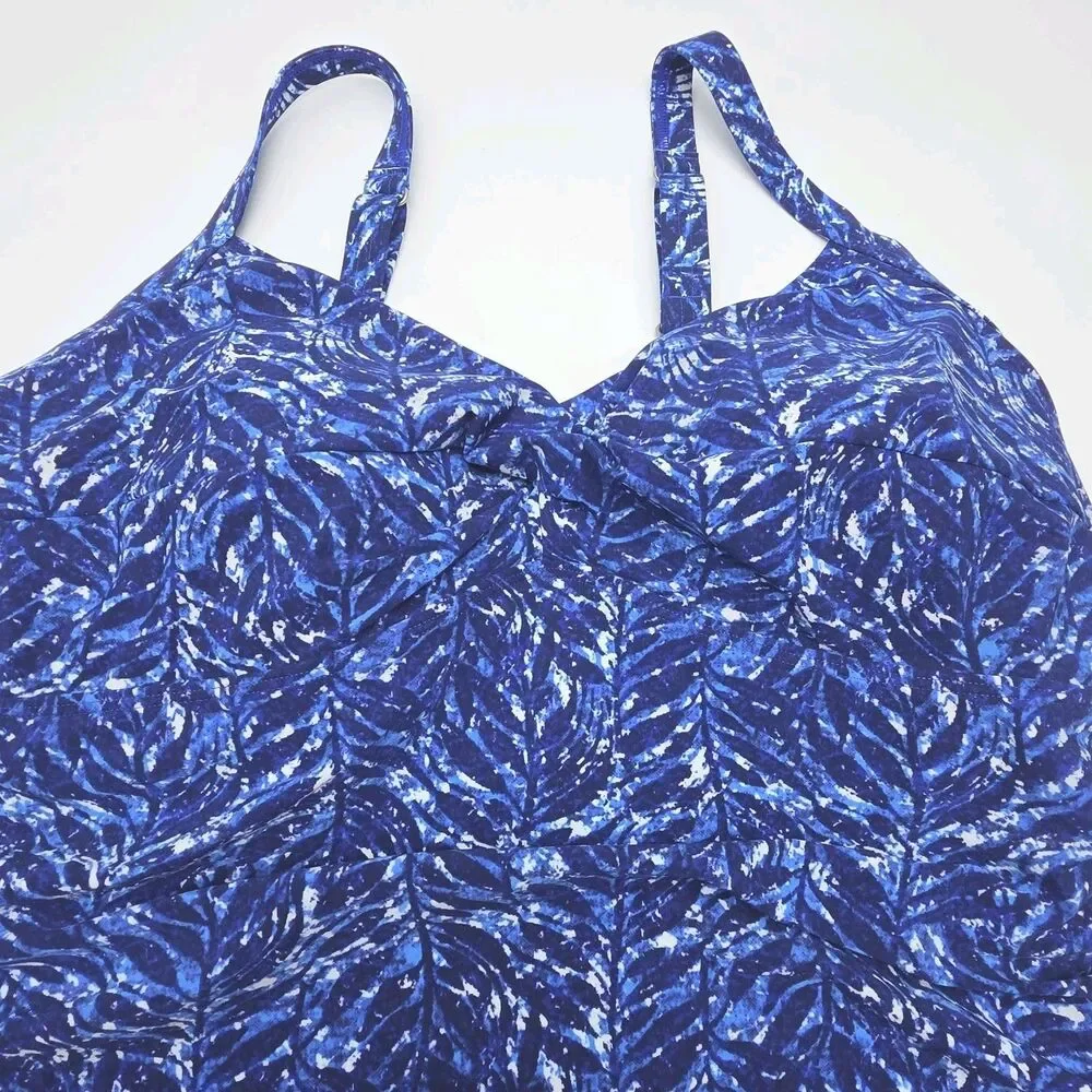 LL Bean Swim Top Tankini Women Sz 18 Padded Bra Blue White Adjustable UPF 50+